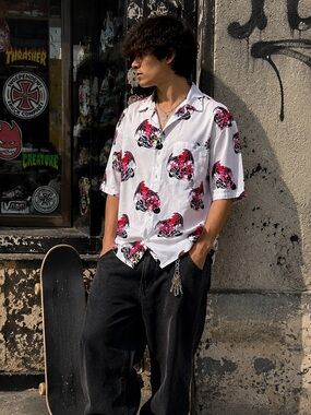 Lost Demon Motorcycle Y2K Viscose Button Up Shirt Large Skater Grunge Novelty